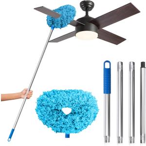 DRQ Ceiling Fan Cleaner Duster, Reusable Microfiber Duster with Extension Pole, 13 to 48 Inch Fan Blade Cleaner, Removable Dusters for Cleaning Walls Bookshelves Door Window Top (Blue)