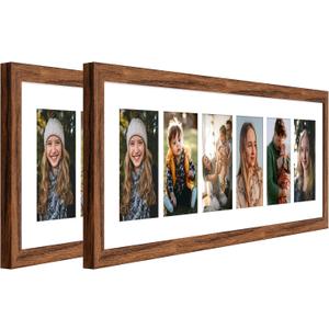 8x26 Collage frame with 6 Openings 4X6 Pictures, Multiple Picture Frame with Mat, Wall or Tabletop Decor, Carbonized Brown Wood Grain,2 Pack