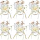 6 Pcs Wrist Corsage for Wedding, Rose Champagne Artificial Flower Wristlet for Bride Exquisite Ceremony Accessories for Party, Wedding, Anniversary