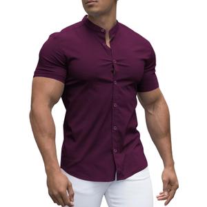 URRU Men's Muscle Dress Shirts Slim Fit Stretch Banded Collar Long&Short Sleeve Casual Button Down Shirt (X-Large)