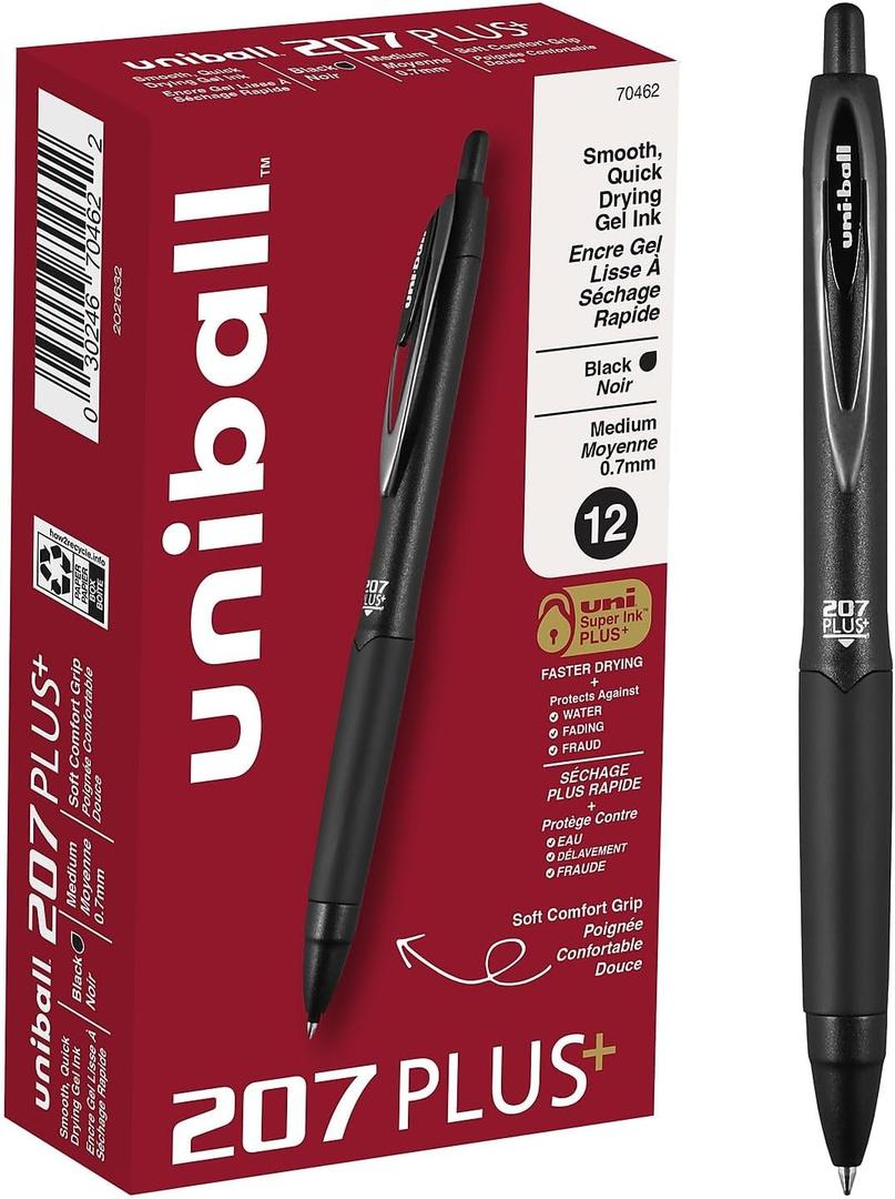 uniball™ 207 Plus+ Retractable Gel Pens, Medium Point (0.7mm), Black Ink, 12 Pack