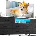 Furnulem 63 Long Dresser for Bedroom, TV Stand for 65 to 75 inch TV, Black Dresser with 10 Fabric Drawers, Chest of Drawer for Closet, Entertainment Center with Power Outlet & LED Light