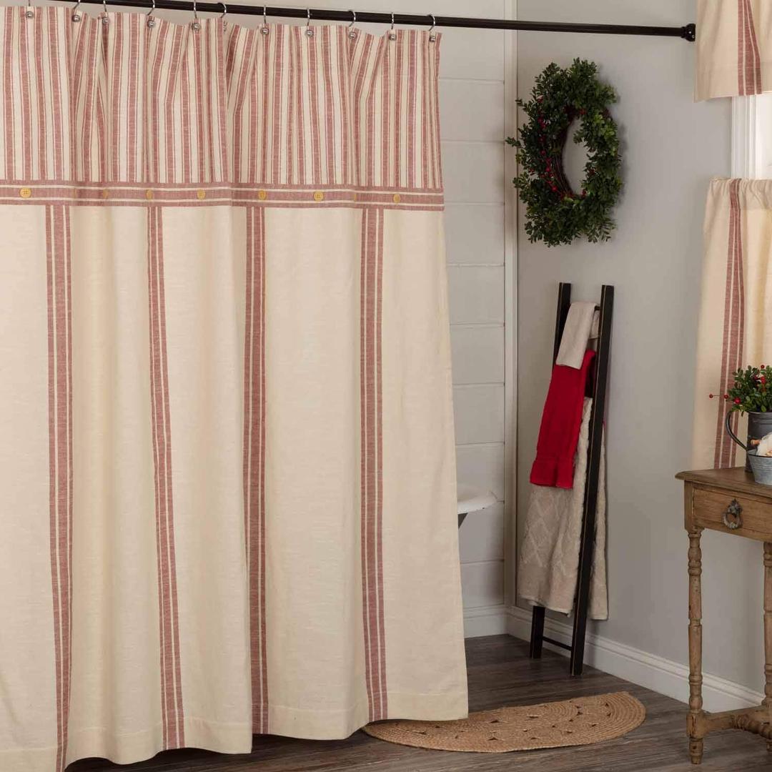 Piper Classics Market Place Red Grain Sack Stripe Shower Curtain, 72" x 72", w/Ticking Stripe Accent and Button Details, Farmhouse Style Bathroom