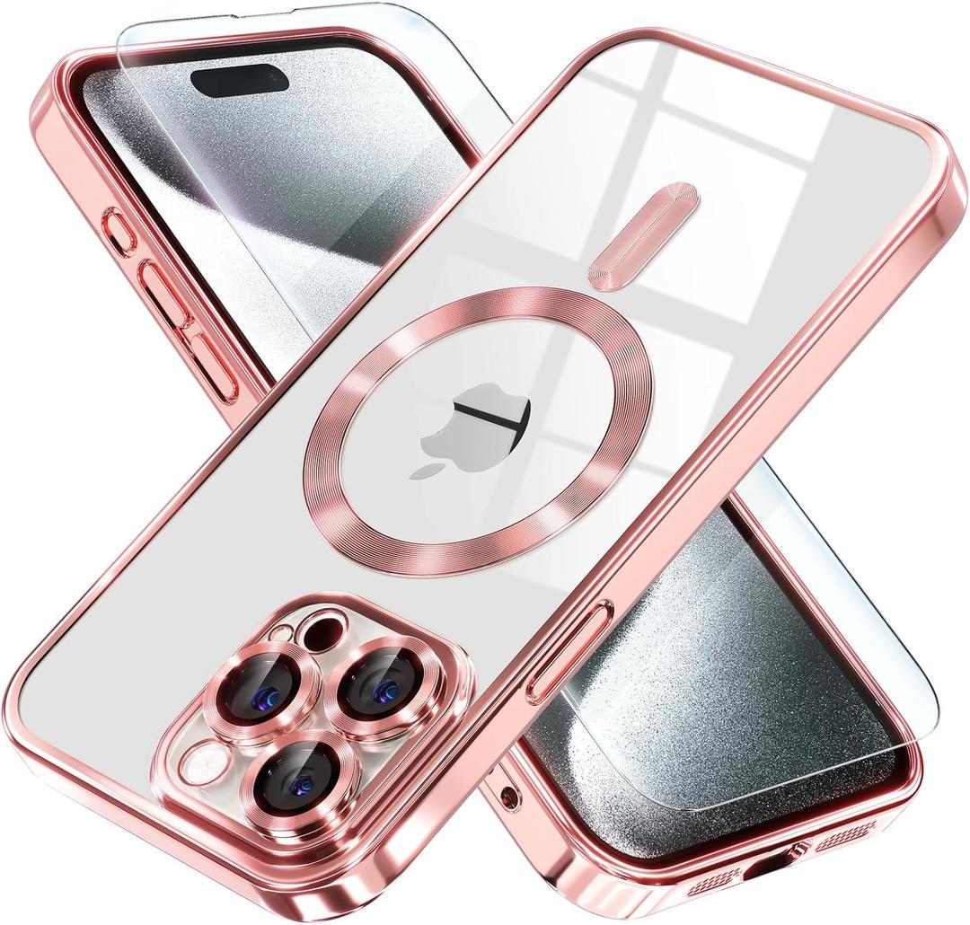 Misea Magnetic for iPhone 15 Pro Max Case with MagSafe [Never Yellowing] [Military Grade Drop Protection] Full Camera Lens Protector Plating Soft Clear Phone Case for Women Girls, Pink