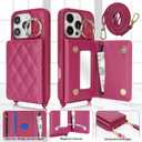 for iPhone 16 Pro Case with Card Holder and Strap for Women,Crossbody Lanyard, Make Up Mirror,Ring Stand,Snap Clasp,Cute Phone Wallet Cases 6.3 inch - Rose red