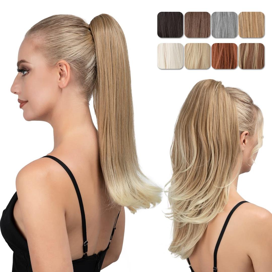 Clip in Ponytail Extension 18 Inch Pony Tails Hair Extensions for Women Long Straight Curly Tail Ponytail Hair piece Synthetic Fake Versatile Pony Gloden Blonde and Beach Blonde Tips