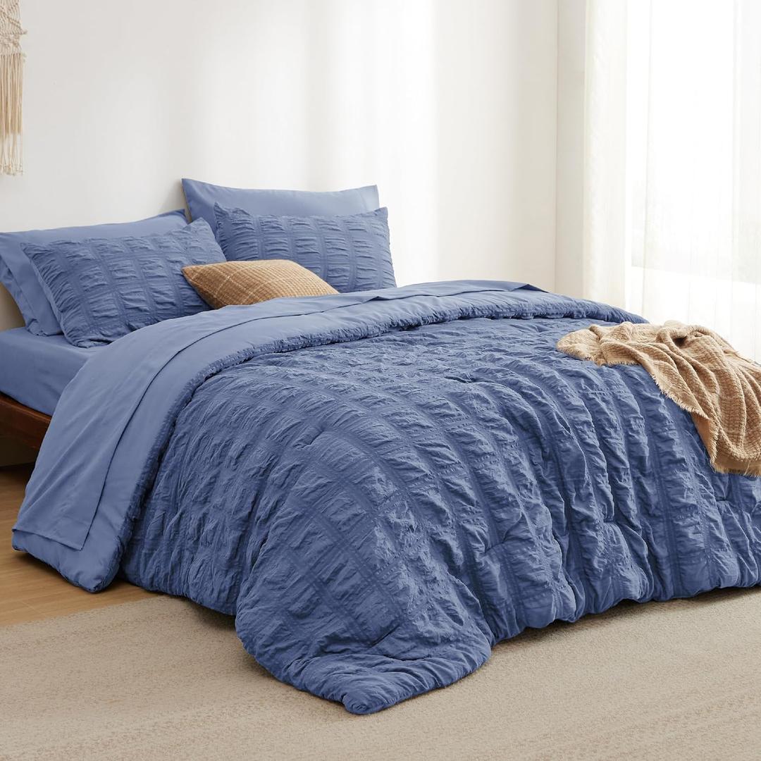 Bedsure Bed in a Bag Queen - 7 Pieces Plaid Seersucker Bedding Comforter Sets, Soft Lightweight Mineral Blue Boho Bed Set with Comforters Queen Size, Sheets, Pillowcases & Shams