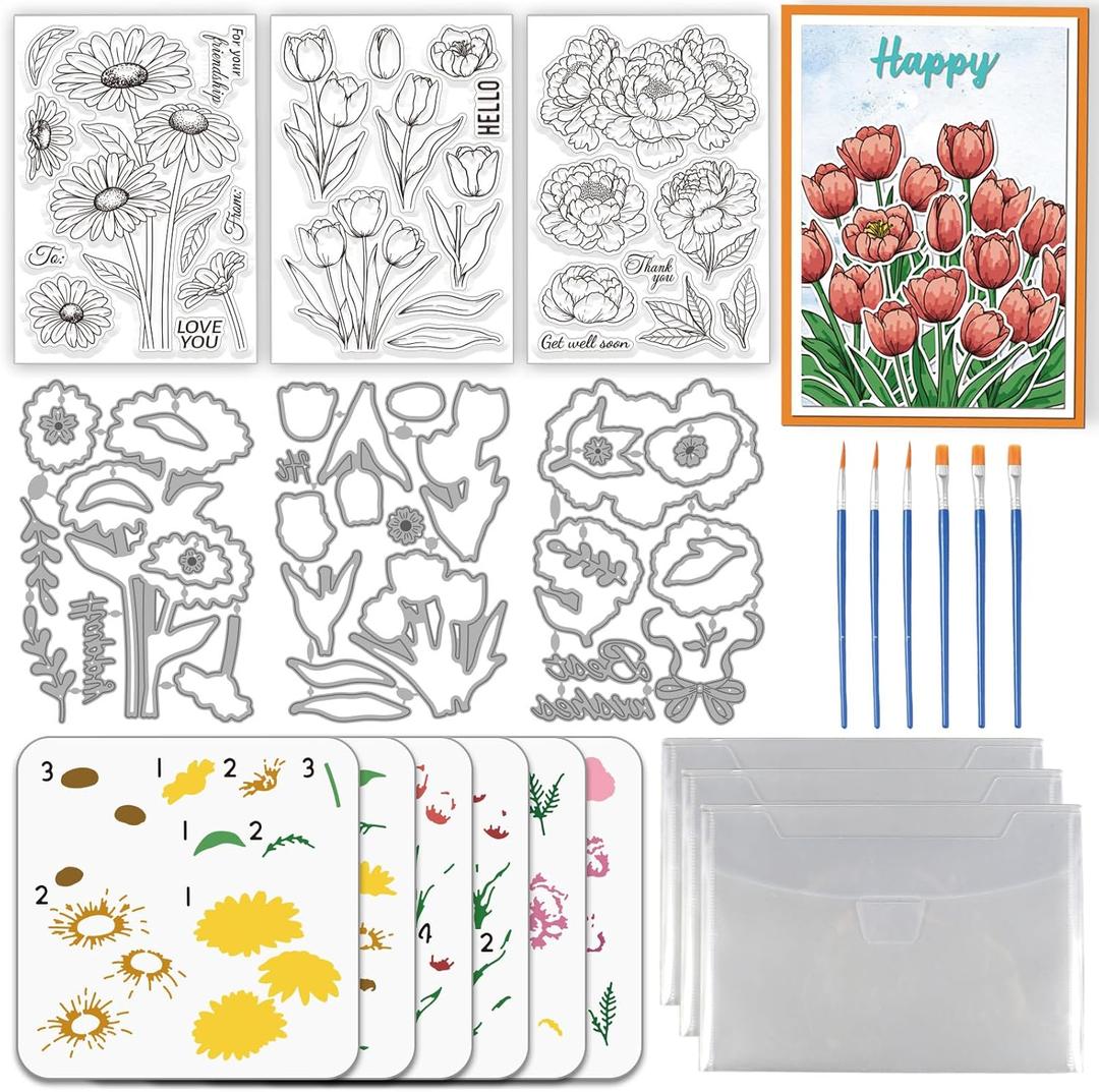 3 Sets Flower Clear Stamps & Cut Dies & Painting Stencils Daisy Tulip Peony Silicone Stamp and Cutting Dies Flower Embossing Template Layering PET Coloring Stencil for Card Making DIY Craft