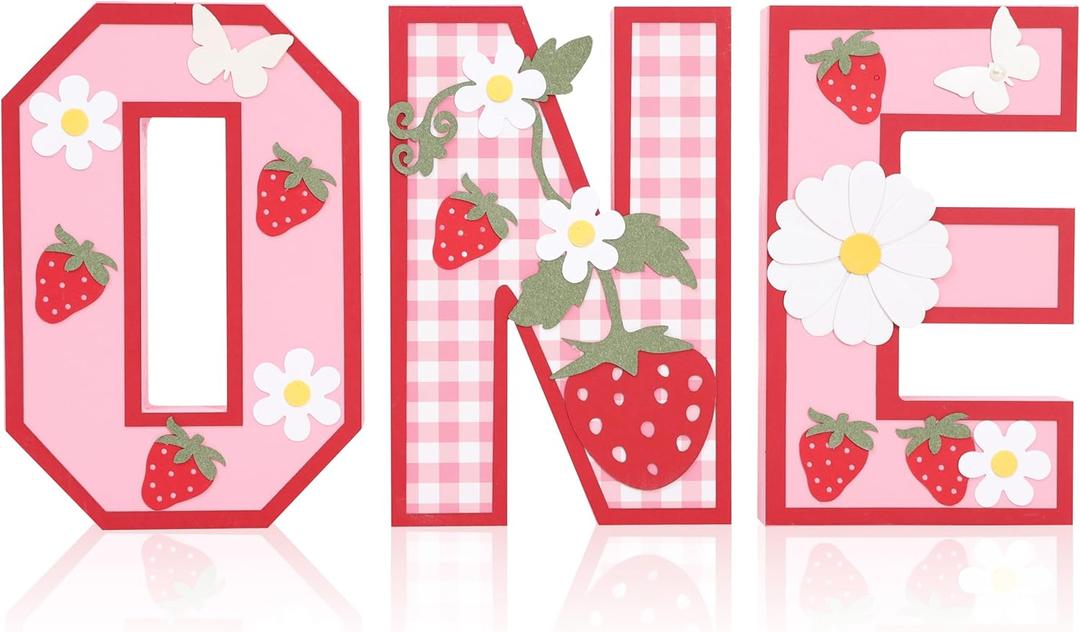 Wood one 1st Strawberry Birthday Sign,Froral Daisy Birthday Decorations Photo Props,Berry Themed Standing Daisy Decor