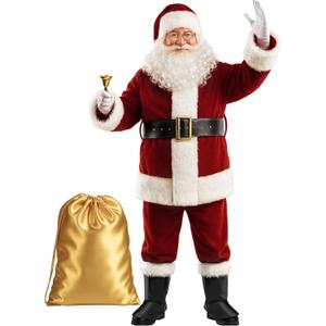 Christmas Santa Claus Costume for Men Adult 11 Pcs Deluxe Velvet Suit Outfit Xmas Santa Holiday Party Cosplay (Large)