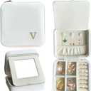 COLLECTIVE HOME - Travel Jewelry Case, Elegant Square Design with Gold Engraved Monogram, Built-in Mirror, Personalized Accessory Organizer for Rings, Necklaces, Gift for Women and Teens (v)
