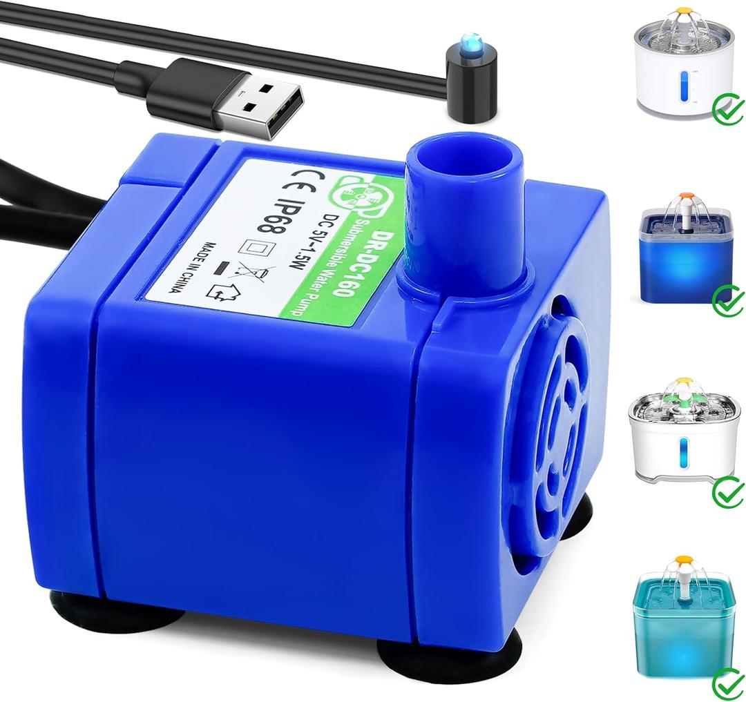 Cat Water Fountain Pump, DR-DC 160 Submersible Water Pump with LED Light for Stainless Steel, Ceramic Pet Water Fountain, Automatic Cat Water Dispenser Motor Replacement