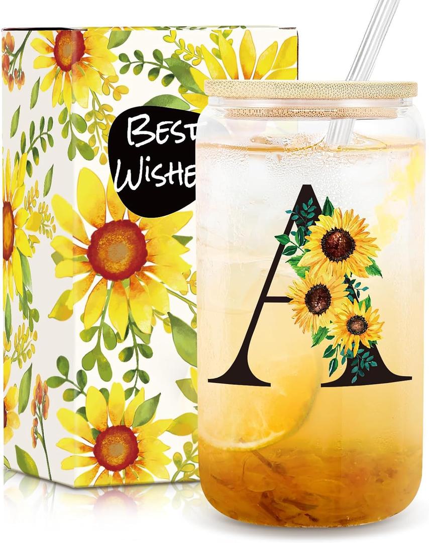 Birthday Gifts for Women, Initial Glass Cups w Lids and Straws, Sunflower Gift for Women, Personalized Gift, 16oz Glass Tumbler Cups W/Straw Lid, Monogrammed Birthday Gifts for Her Mom - A