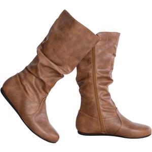 Olivia K Women's Low Heel Mid-Calf Slouchy Suede Slip On Casual Boots with Side Zipper (7.5, Tan Pu)