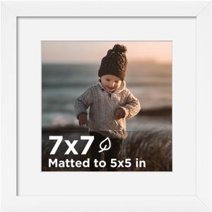 KINLINK 7x7 Picture Frame White, Wooden Square Photo Frame Matted 5x5 with Plexiglass for 5x5 with Mat or 7x7 without Mat for Table and Wall Display