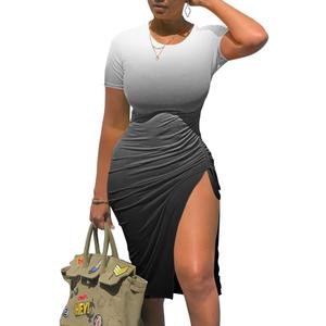 GOKATOSAU Women's Sexy Bodycon Short Sleeve Slit Ruched Summer Club Party Midi Dress Gradient White (L)