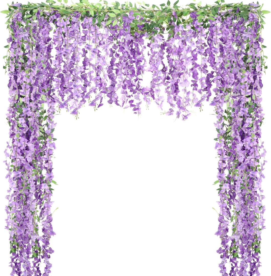 Thiccywoov 4pcs Wisteria Artificial Flowers Garland, 7.2Ft/Piece Wisteria Hanging Flowers Garland for Wedding Arch Decoration Outdoor Ceremony Home Backdrop Garden (Purple,Light Purple)
