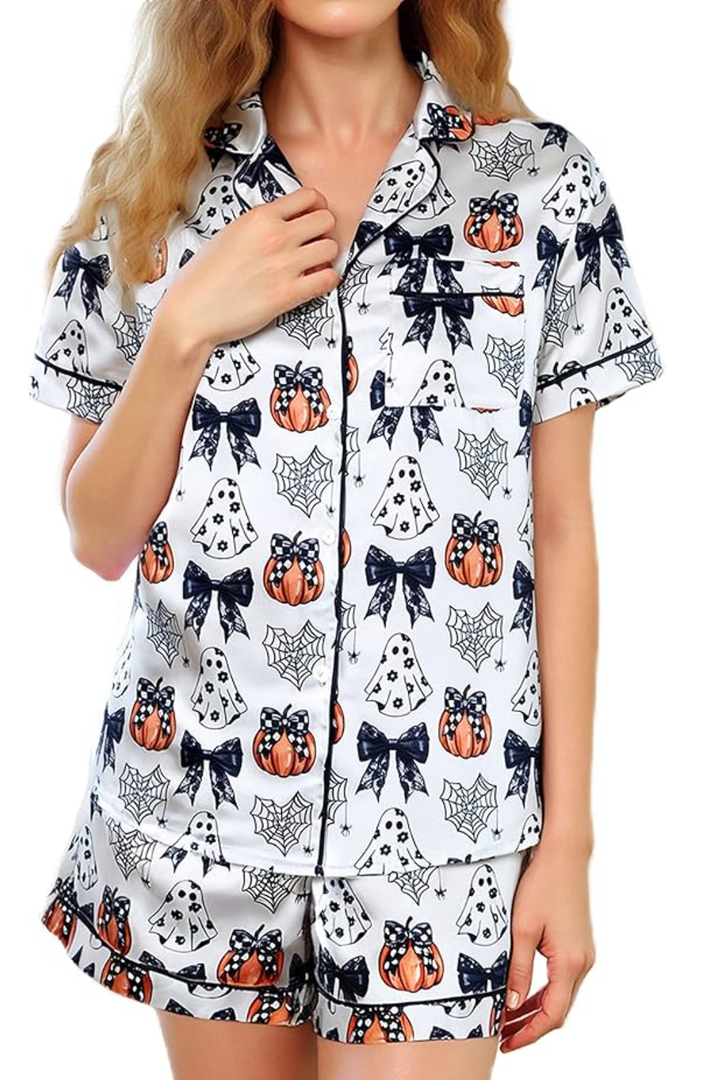 Women Cute Two Piece Pajama Set Y2K Bow Printed Satin Silky Short Sleeve Button Shirts Wide Leg Shorts Pjs Loungewear L