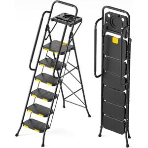 KINGRACK 6 Step Ladder with Tool Platform, Folding Step Stool with Handrails, Sturdy Steel Ladder with Wide Pedal, 800 LBS Portable Safety Ladder for Painting Home Outdoor Garage