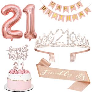 21st Birthday Decorations for Her, Including 21st Tiara and Sash, Happy Birthday Banner, Cake Toppers, Number Candles and Balloons Set, Rose Gold