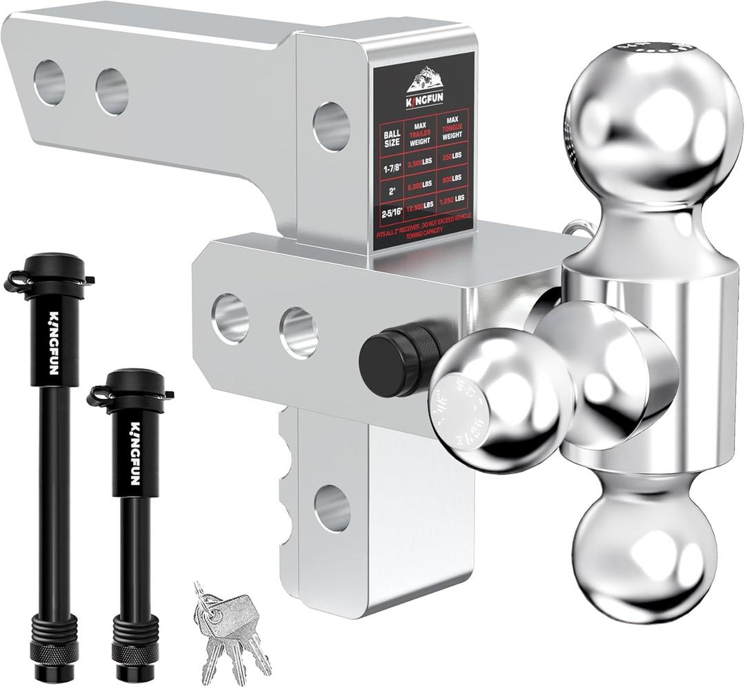 Kingfun Adjustable Trailer Hitch - Drop Hitch Fits 2 Inch Receiver, Tri Ball (1-7/8", 2", 2-5/16") 6 Inch Drop/Rise, 12500 LBS GTW Aluminum Heavy Duty Tow Hitch with Anti-Theft Pin - (Silver)