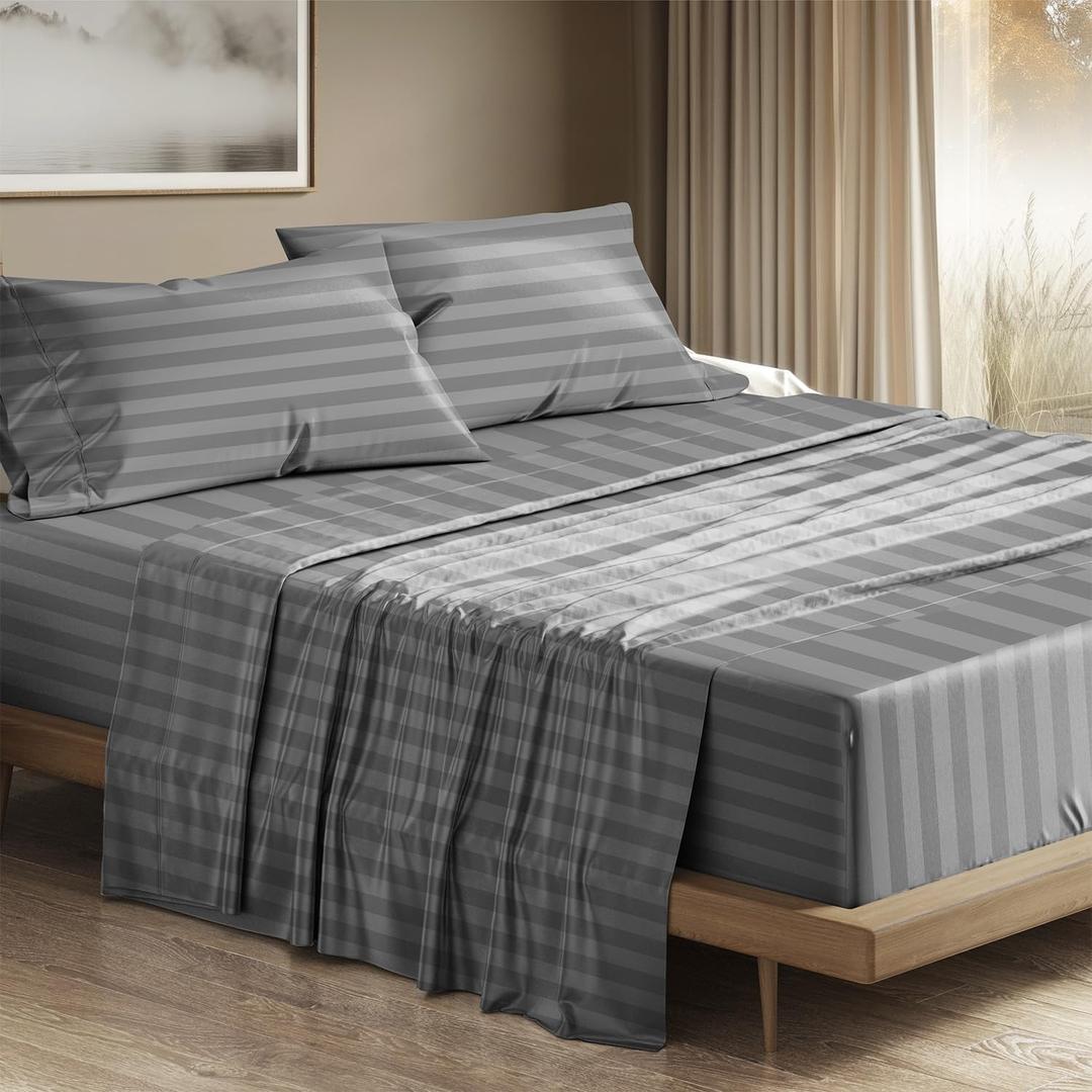 THREAD SPREAD Egyptian Cotton Sheets King Size - 1200 Series Plush Collection Damask Sheet Set Egyptian Cotton (4 PC, Dark Grey Stripe), Luxury Sheet King Size, Soft, Cooling Deep Pocket Sheets