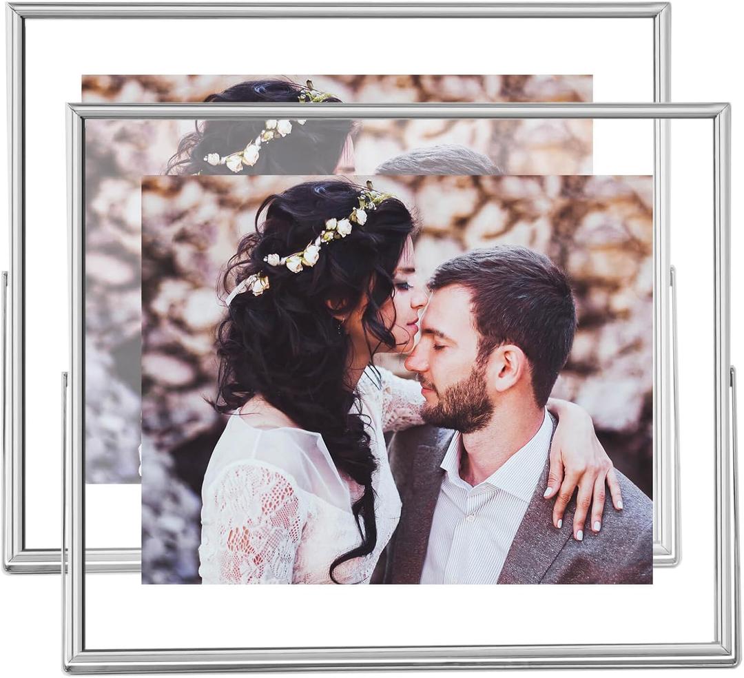 8x10 Floating Picture Frames Set of 2, Made of Metal and Double Real Glass, for Photo Size up to 10x12, Tabletop Display Home or Wedding Decoration (Horizontal Silver)