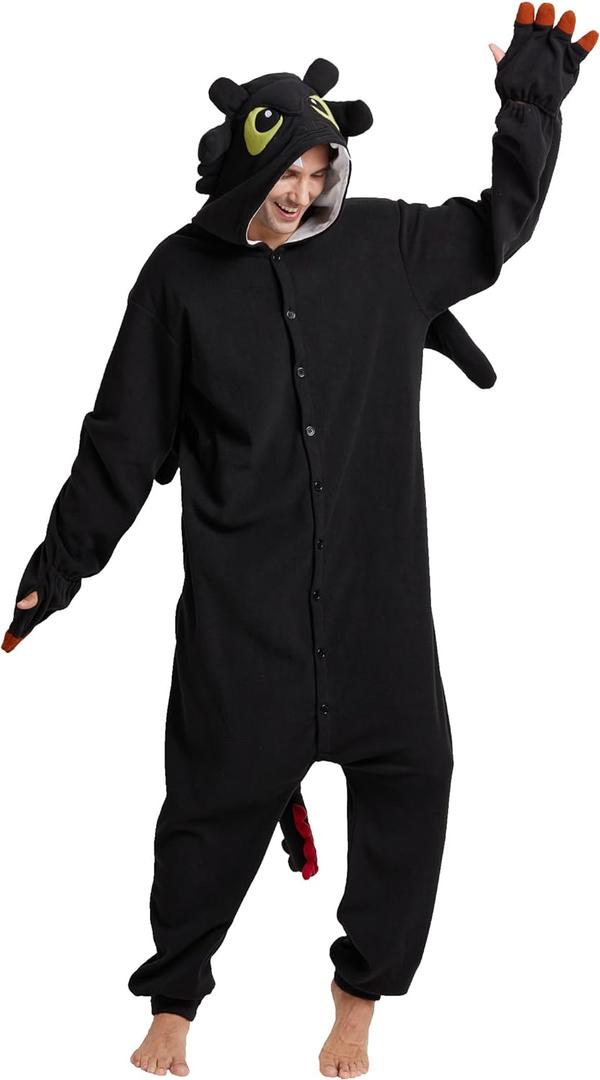 Kidukso Unisex Adult Dragon Onesie Pajamas Cute Animal Sleepwear Dragon Halloween Christmas Party Costumes for Women Men (Medium, Black)