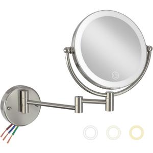Wall Mounted Lighted Makeup Vanity Mirror with Magnification, 8 Inch Double Sides 10X Magnifying Bathroom Mirror 3 Color Lighting Touch Dimming, Extended Arm Shaving Mirror Hard Wired, Brushed Nickel