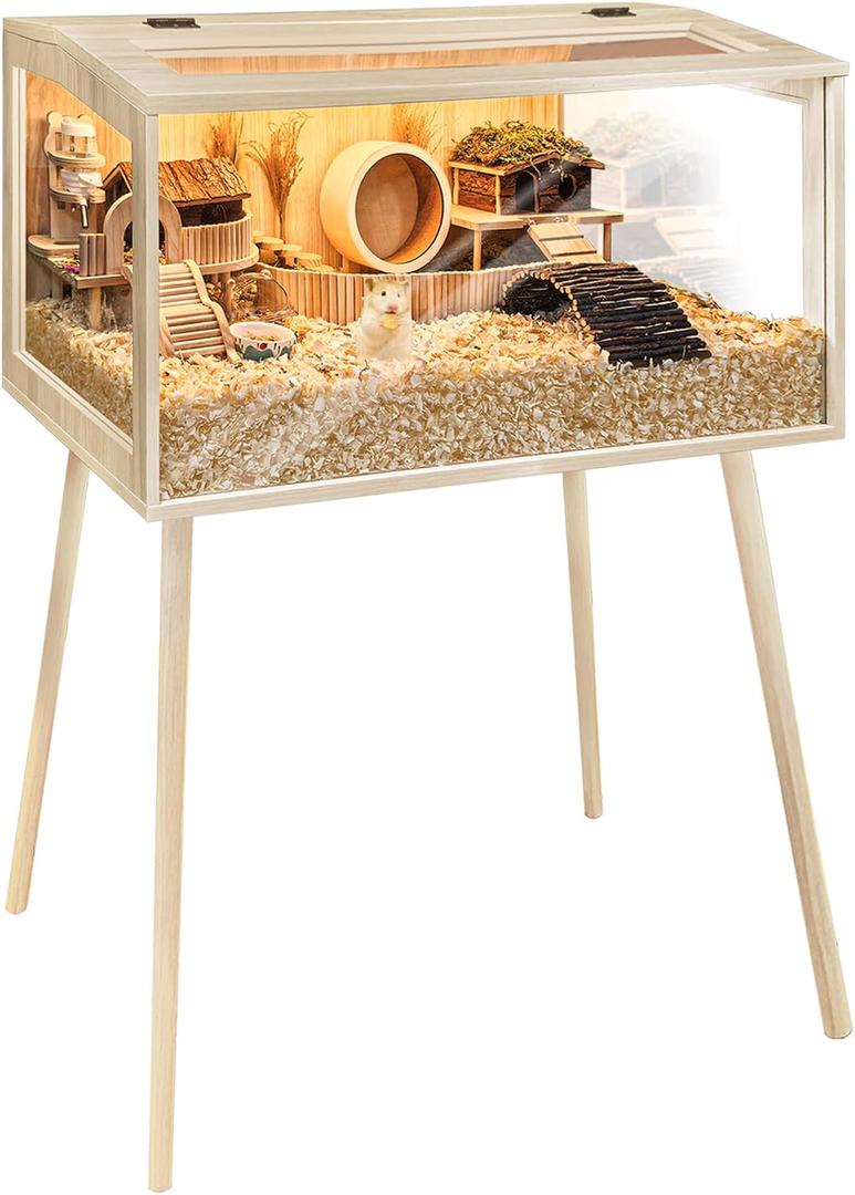 PROLEE Hamster Cage Wooden Chew Proof, Extra Large Mice and Rat Habitat Openable Top with Acrylic Sheets Solid Built Small Animal Cage with Leg Stands, 40 Inch Long