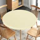 Obstal Fitted Round Table Cloth, Reversible Waterproof Stain Resistant Elastic Stretch Tablecloth, Wipe Clean Table Cover for Outdoor/Indoor Use, Fits Round Tables up to 40" - 44" Diameter, Cream