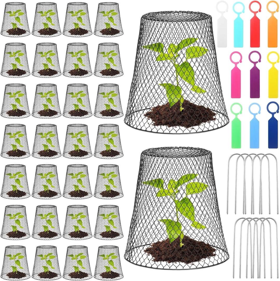Geosar 30 Pcs 9 Inch Chicken Wire Cloche Plant Protector Cover Metal Garden Cloche Netting Protection Cages Vegetables Flowers with Garden Stakes Avoiding Chicken Rabbit Squirrels Birds (Black)