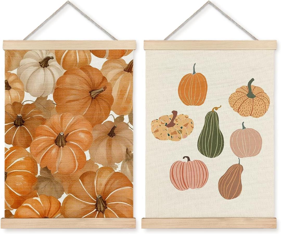 Yomisex Trendy Autumn Pumpkin Wall Art Poster, Boho Colorful Rustic Farmhouse Fall Pumpkins Canvas Prints Wall Art Framed for Home Bedroom Living Room Decor, 12x16 Inch Set of 2