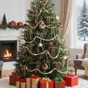 24 Pcs Velvet Bows for Christmas Tree and 12 Feet Wooden Beads Ornaments, 5x7 Inch Vintage Christmas Velvet Ribbon Bows for Xmas Garland Wreath Gift Wrapping Holiday Home Party Decorations (Khaki)