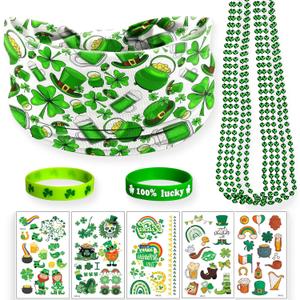 St. Patrick's Day Party Accessories Kit for Adults - 13 Pcs Irish Celebration Set with Shamrock Beer Headband, 5 Necklaces, 2 Wristbands & Stickers for Irish Themed Party Supplies (Green, M)