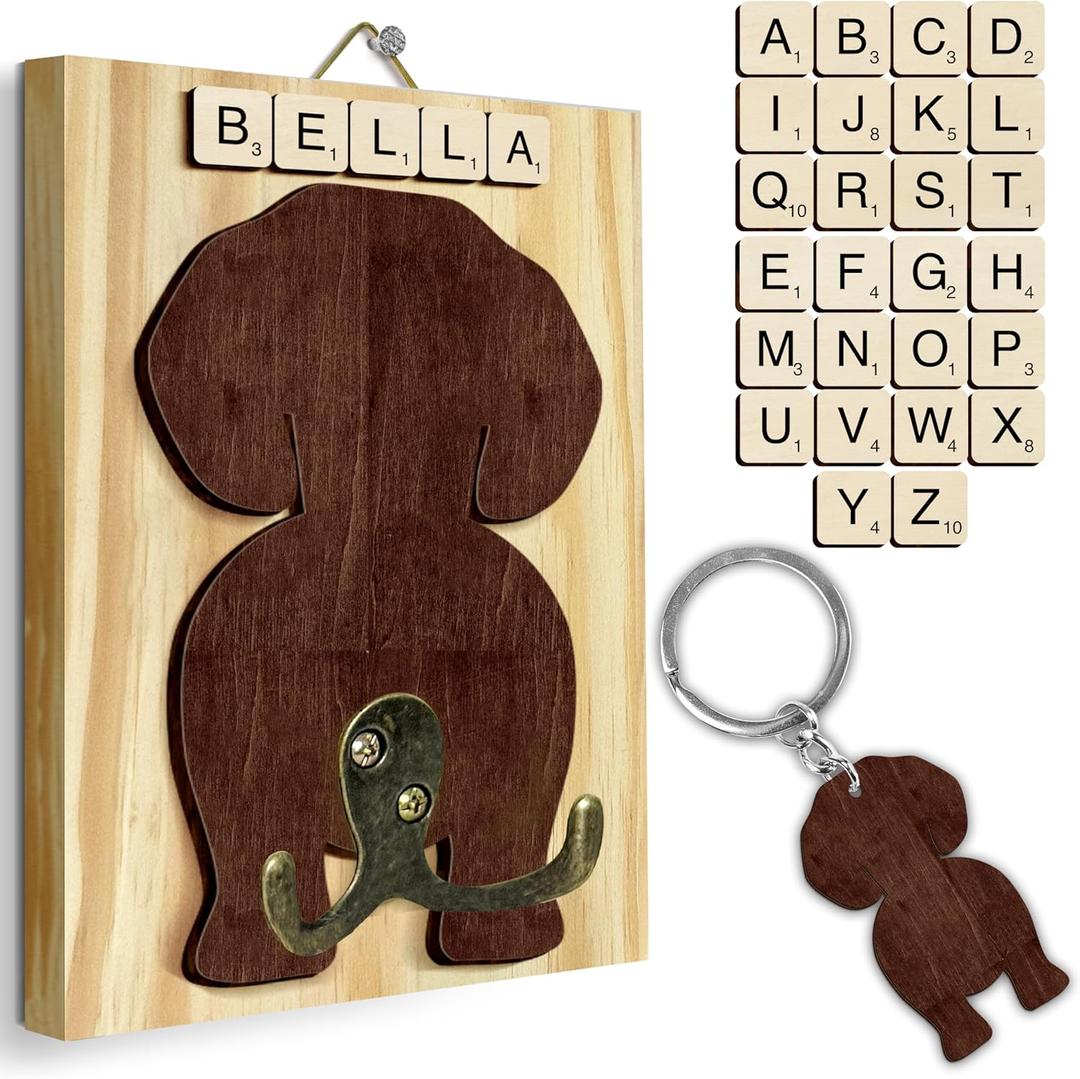 Beagle Dog Leash Holder Wall Mount with Scrabble Letters, Wooden Dog Wall Hook Organizer, Pet Collar and Harness Hanger for Entryway, Key Hook Gift for Pet Lovers, Home Decoration PF297-8