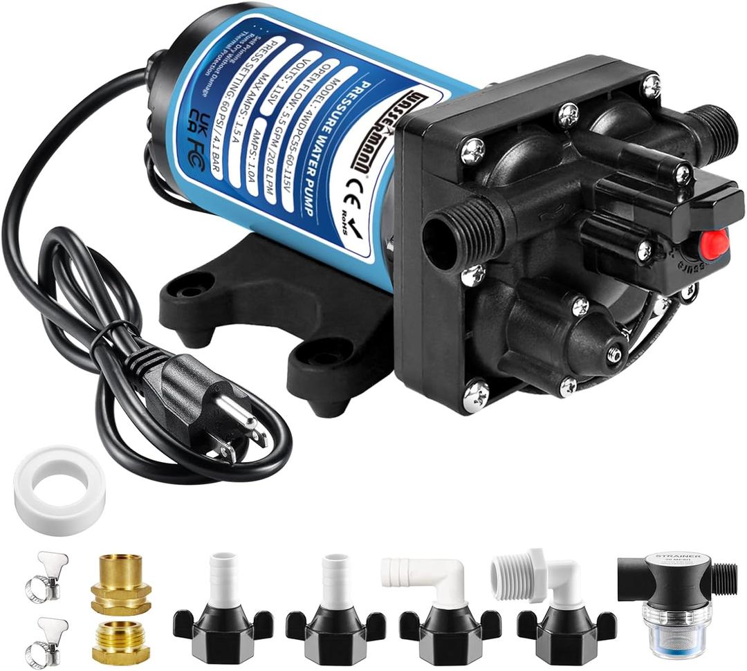 WASSERMANN Water Pressure Pump 115 Volt AC 5.5GPM 60PSI,Water Pump Self Priming Diaphragm Pump with Pressure Switch for Kitchen Bathroom Marine Yacht Garden (Full Size)