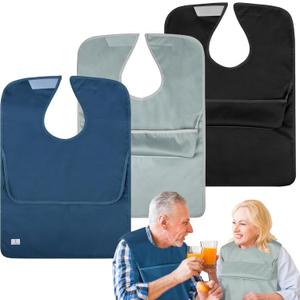 3Pack Adult Bibs with Crumb Catcher,Bibs for Eating,Waterproof Washable Men Clothing Protectors,Reusable Large Feeding Bib for Women Elderly Seniors (Solid Black Grey Blue)