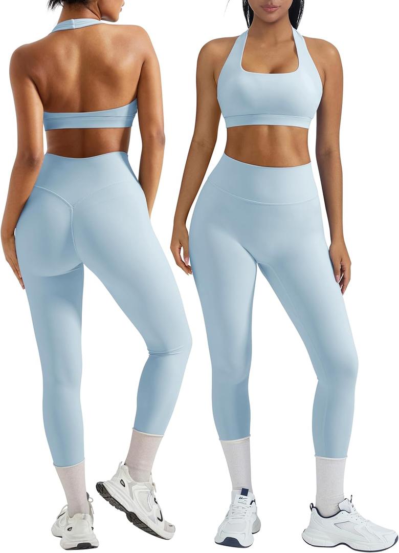 OMKAGI 2 Piece Workout Sets for Women Halter Sports Bras Gym Sets Booty Leggings Outfits (Small, Bright Blue)