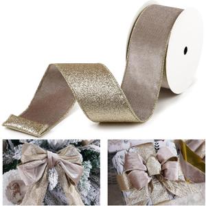 Taupe Velvet Wired Ribbon with Glitter Back 2.5 Inch Camel and Gold Christmas Ribbon Wired Taupe Ribbon for Christmas Tree, Gift Wrapping, Mantel, Wreaths Supplies, Topper Bows (10 Yards)