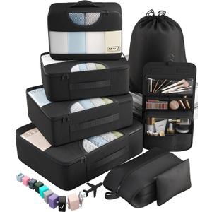 Veken 8 Set Packing Cubes for Travel Essentials, Suitcase Organizer Bags in 4 Sizes, Carry-On Luggage Accessories with Large Laundry & Toiletry Bag, Must-Have for Airplane, Road Trip & Camping (Black)