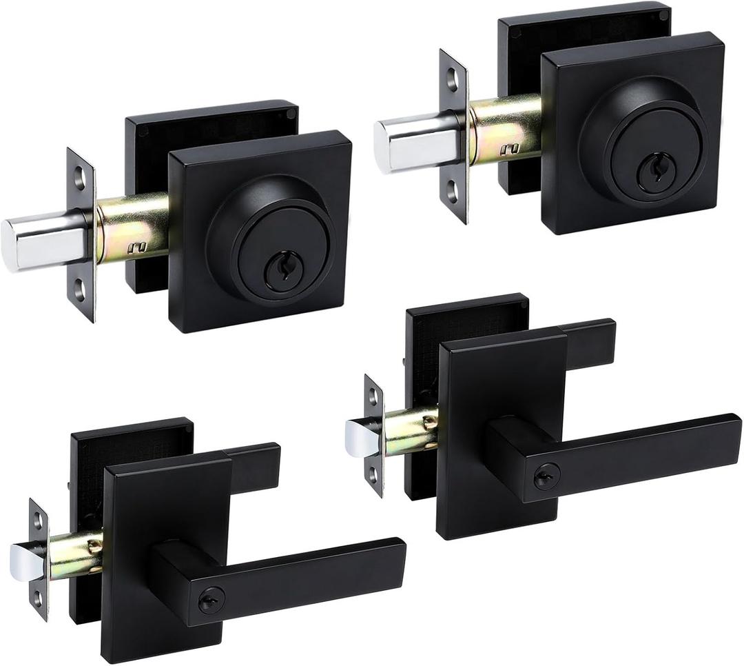 goldenwarm 2 Pack Black Door Handle with Deadbolt, Square Contemporary Matte Black Exterior Door Lock Set with Deadbolt, Heavy Duty Zinc-alloyed Front Entry Door Locksets with Deadbolt (Rectangular 2Pack)