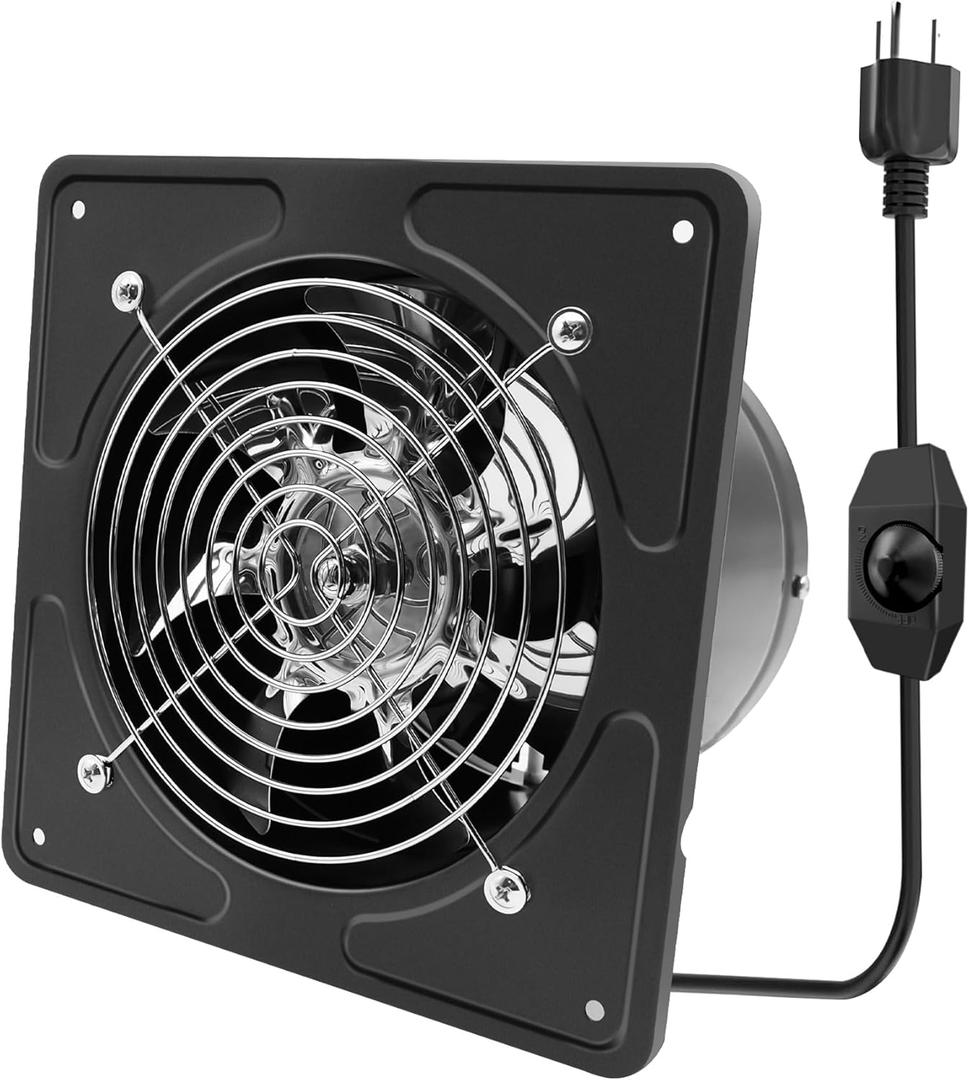 POWERENG 8 Inch Exhaust Fan,530CFM Kitchen Exhaust Fan with Speed Controller,110V 80W Wall Mounted Vent Fans with Damper for Shop, Smoking Room, Industrial Ventilation Use (8-inch Black)