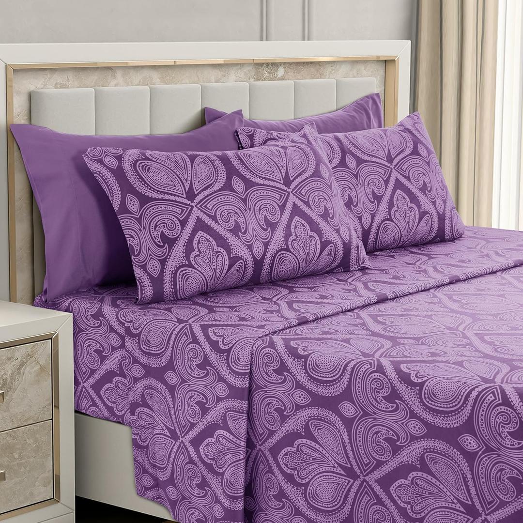 LUX Dcor Paisley King Sheet Set  6 Piece Ultra-Soft Microfiber Bed Sheets with Flat Sheet, 16 Inches Deep Pocket Fitted Sheet & 4 Pillowcases, Breathable, Bedroom Decor, Oeko-TEX  Purple