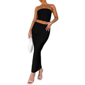 Skirt Sets Women 2 Piece Outfits - Sexy Two Pc Sleeveless Strapless Tube Crop Top Bodycon Midi Skirts Set Black S