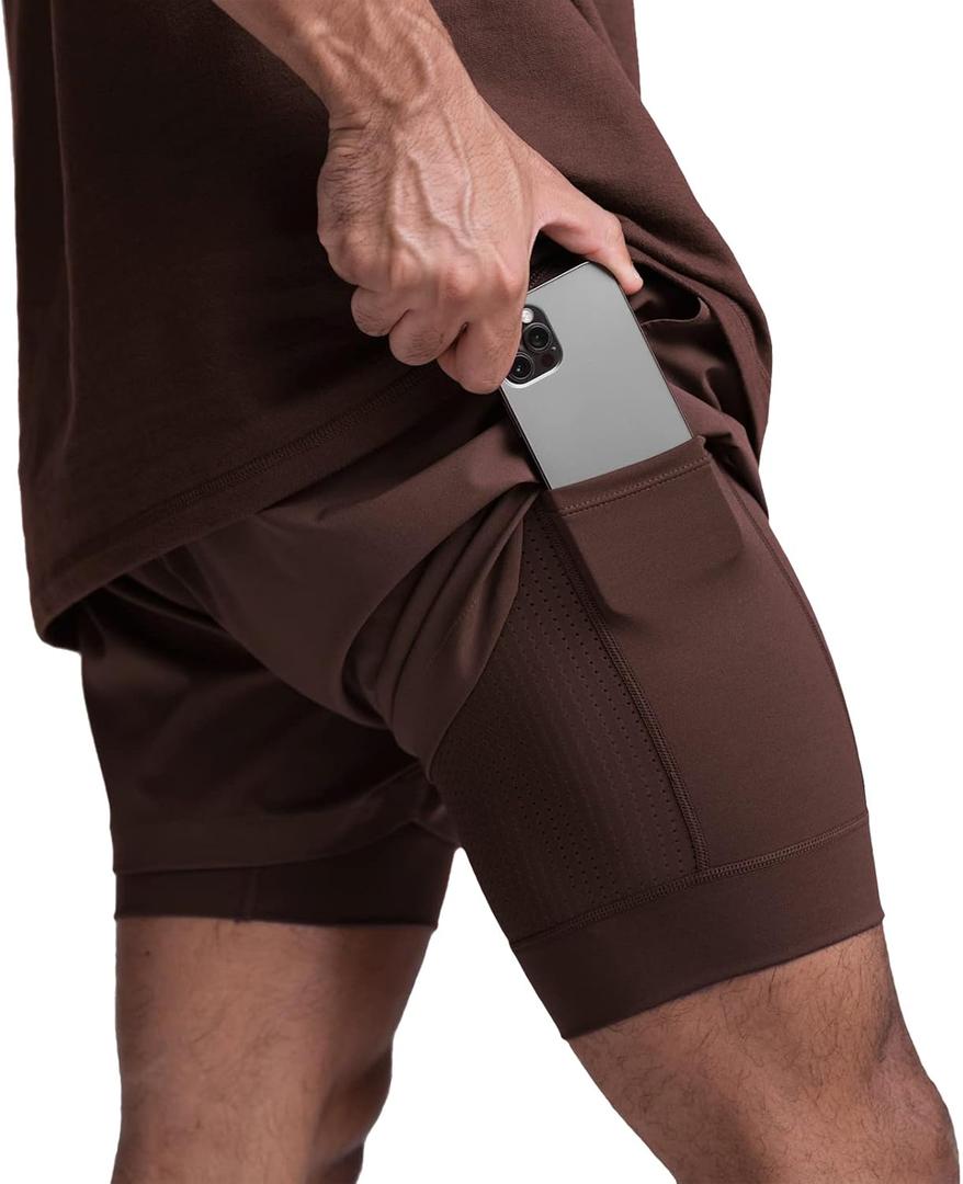 DIOTSR Mens 2 in 1 Running Workout Shorts for Men Lightweight Training Shorts Quick Dry Gym Shorts with Phone Pocket (Small, Brown)