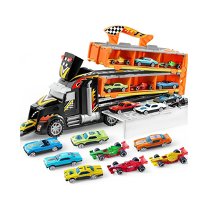 JOYIN Toy Truck for Kids, 5-FT Race Track and 12 Die-Cast Metal Toy Cars, Racing Car with Lights & Sounds, Toddler Carrier Truck Playset Gift for 2 3 4 5 Years Old Boys and Girls-Black