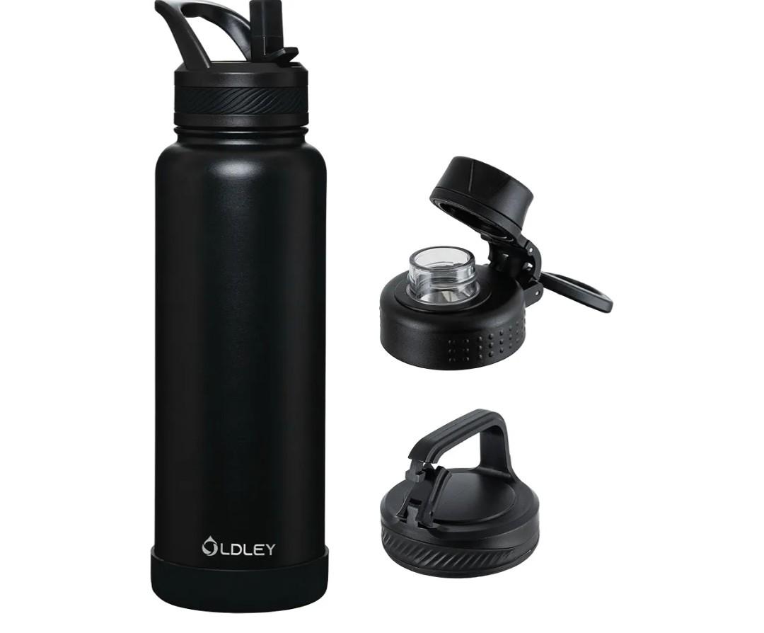 OLDLEY 40 oz Insulated Water Bottle With Straw, Stainless Steel Sports Water Cup Flask with 3 Lids(Straw, Spout and Handle Lid) Double Walled Travel Thermal Canteen Mug,Black