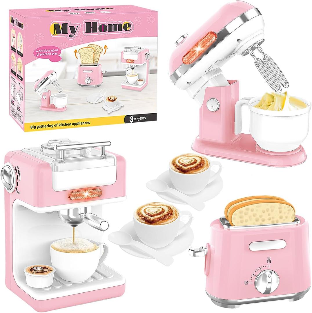 Kitchen Appliances Toys, Play Kitchen Accessories, Toy Kitchen Appliances for Kids, Pretend Kitchen Toys with Coffee Maker, Mixer and Toaster, Toy Kitchen Set Birthday Gift for Kids Ages 3+ (Pink)