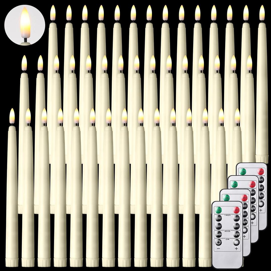 Reginary 48 Pcs Flameless Taper Candles with 4 Remote, Battery Operated Flickering Flameless Taper Candles 3D Wick Fire LED Faux Wax Lights for Wedding Christmas Holiday (Ivory,9.65 Inches)
